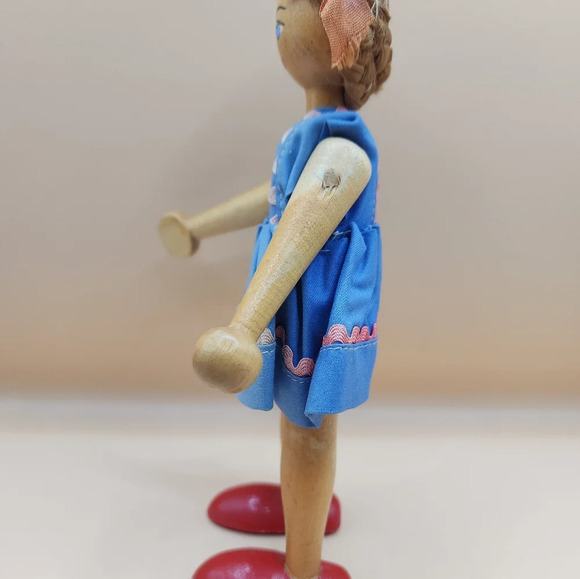 Vintage 50's Polish Wooden Peg Doll Blonde Hair Blue Eyes Moveable Arms - Picture 3 of 7